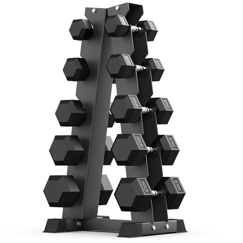 PAPABABE Hex Dumbbell Sets with Rack, 60-550lb Rubber Coated Dumbbell Weight Set and Storage Rack, Multiple Options Hand Weights for Strength Training