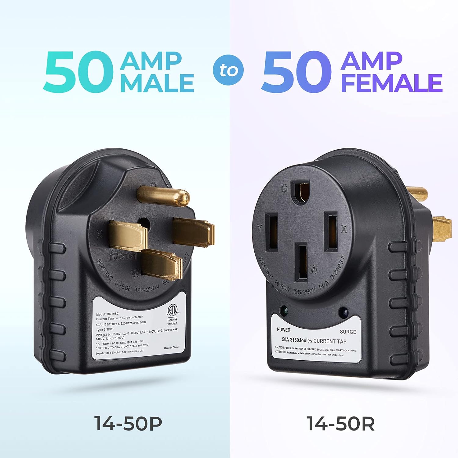 BougeRV 50 Amp 125/250 Volt RV Surge Protector with LED Indicator Light Adapter Circuit Analyzer 50 Amp Male to 50 Amp Female Plug for RV Trailer