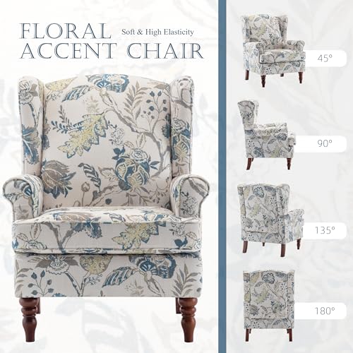 MELLCOM Floral Accent Chair, High Back Upholstered Armchair with Solid Legs, Leisure Single Sofa Chair for Living Room, Bedroom, Home Office
