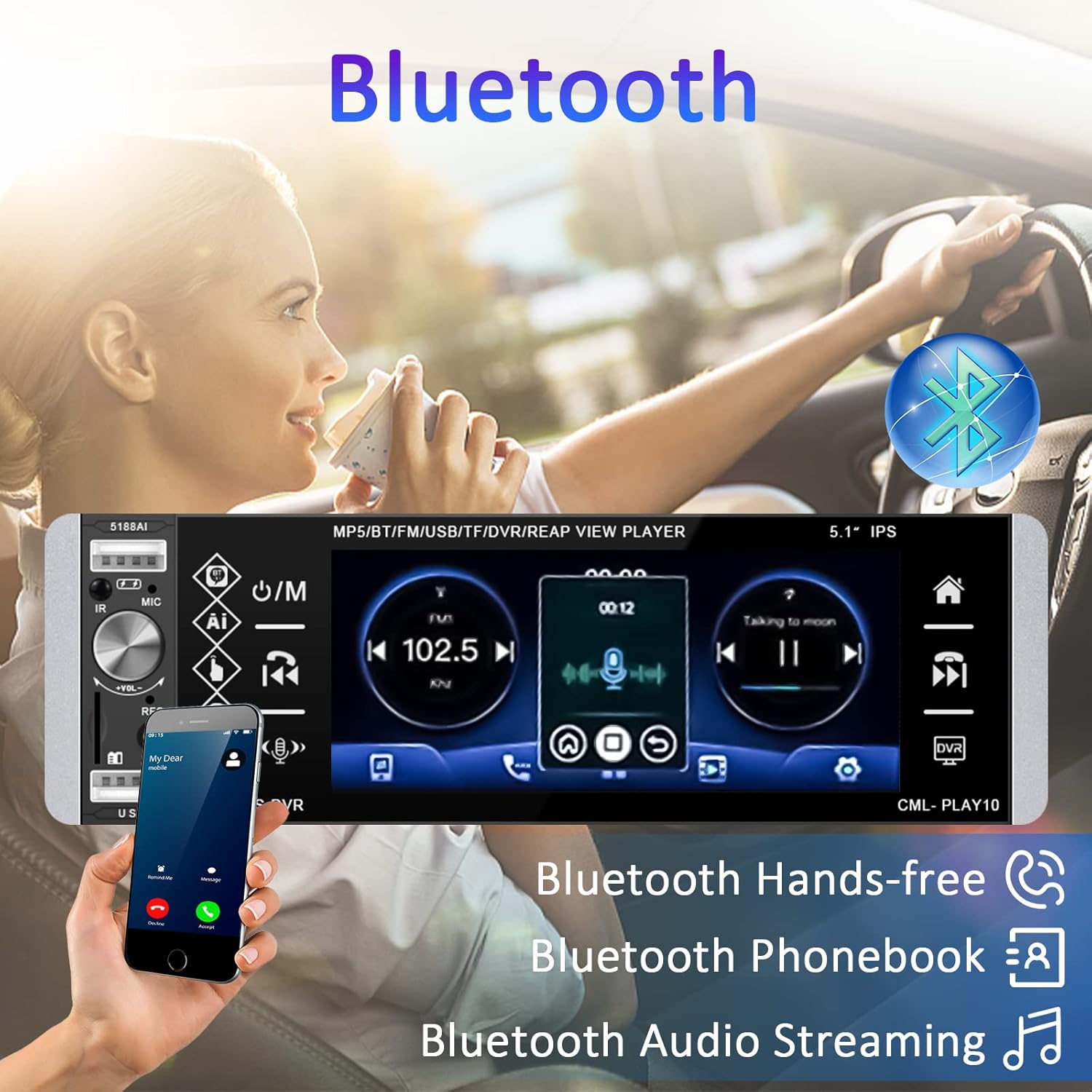 5.1 Inch HD Single Din Touchscreen Car Stereo with Voice Control, FM AM RDS Audio Receivers Bluetooth Car Radio with Backup Camera, Remote, SWC, MIC