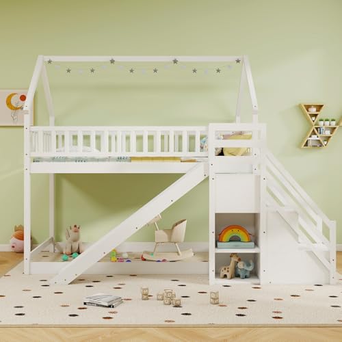 Giantex House Bunk Bed Twin Over Twin with Slide & Stairs, Wood Bunk Bed with Storage Shelves, No Box Spring Needed
