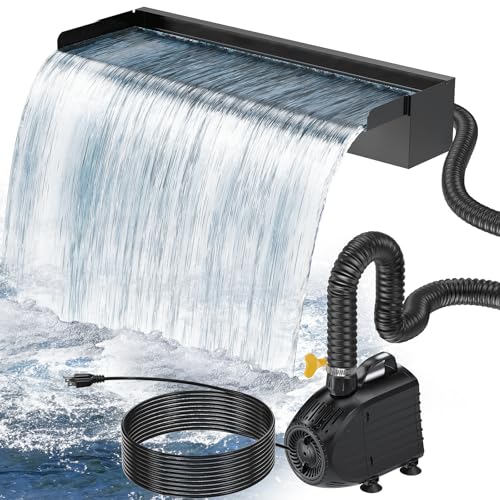POPOSOAP 24 Inch Pond Waterfall Spillway with 1200GPH Pump, 304 Stainless Steel Waterfall Kit with 9.8FT Corrugated Tube