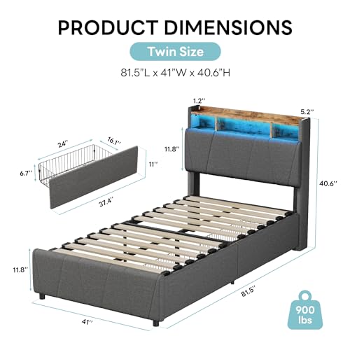 LIKIMIO Twin Bed Frame with 2 Storage Drawers, Charging Station & LED Lights, Upholstered Platform Twin Bed with Storage Headboard