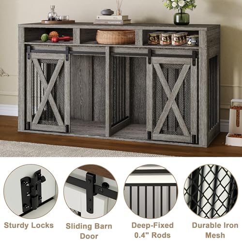 63" Large Dog Crate Furniture for 2 Dogs, Farmhouse Style Dog Cage TV Stand with Sliding Door