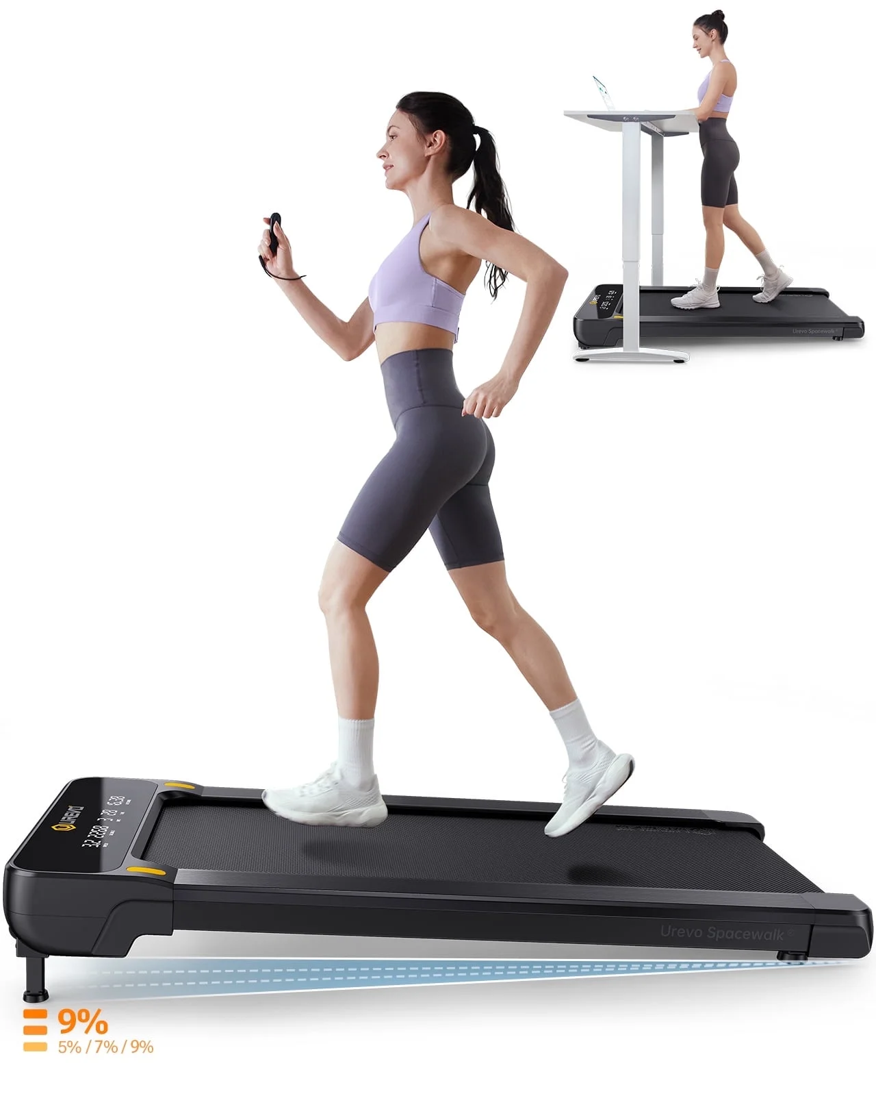 UREVO Treadmill with 9% Auto Incline, ?2.5 HP 265lbs Under Desks Treadmill with Remote Control Walking Pad for Home Office