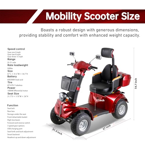 1000W Heavy Duty 4 Wheel Mobility Scooters 500lbs Weight Capacity, Powered Mobility Scooters for Seniors & Adult