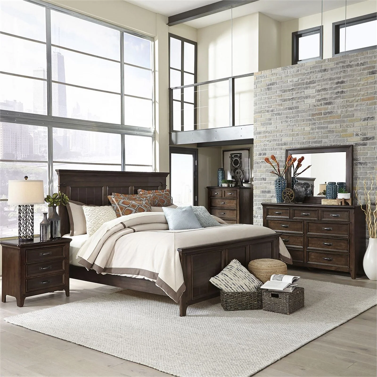 2 Piece Wooden Bedroom Set with Queen Panel Bed and 9 Drawer Dresser