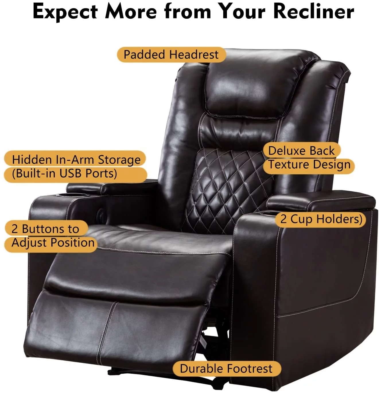 Ebello Power Recliner Chair, Leather Home Theater Seating, Living Room Chair Brown