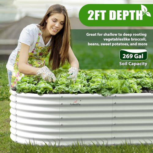 A ANLEOLIFE 8X4X1.5 ft Galvanized Raised Garden Beds Outdoor, Oval Large Metal Planter Box for Planting Vegetables Flowers Herb