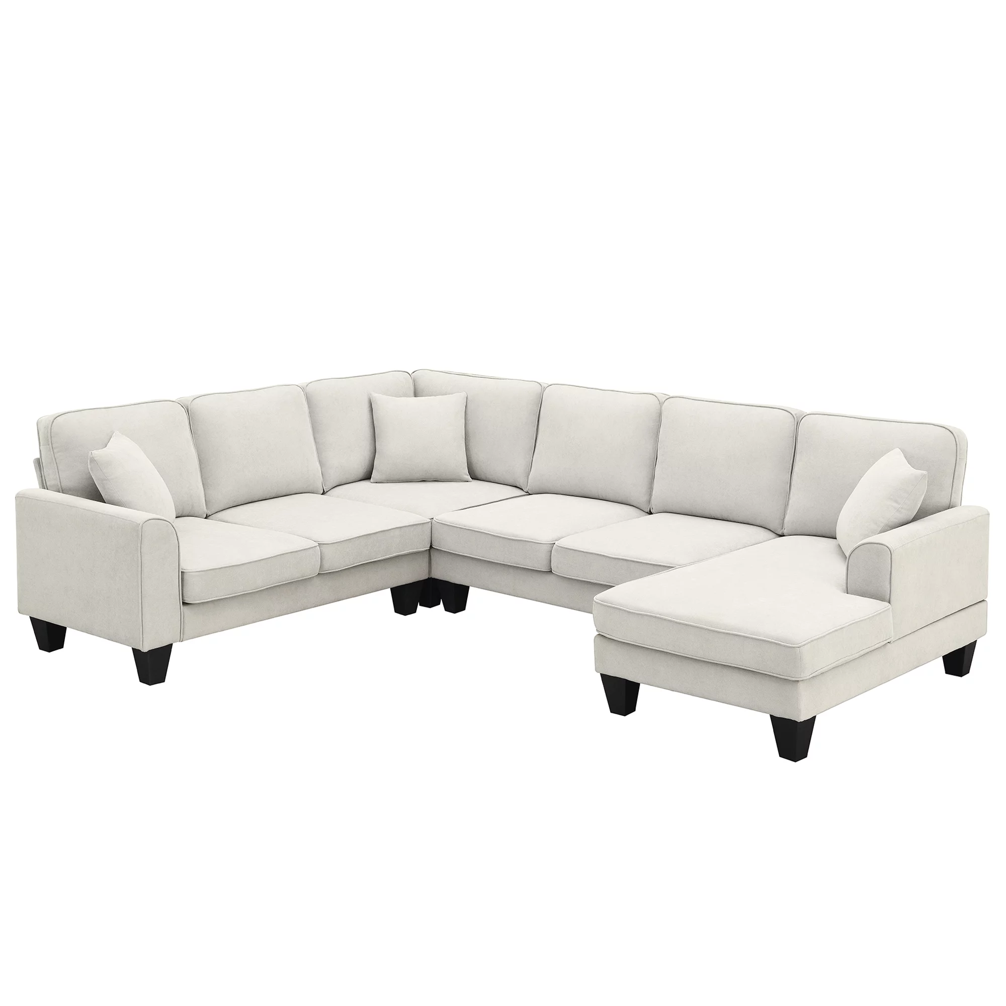 U-Shaped Sectional Couch with Chaise, Modern Upholstered Couch, 7-Seater Sectional Couch with 3 Pillows and Plastic Legs, Heavy Duty Sofa Furniture