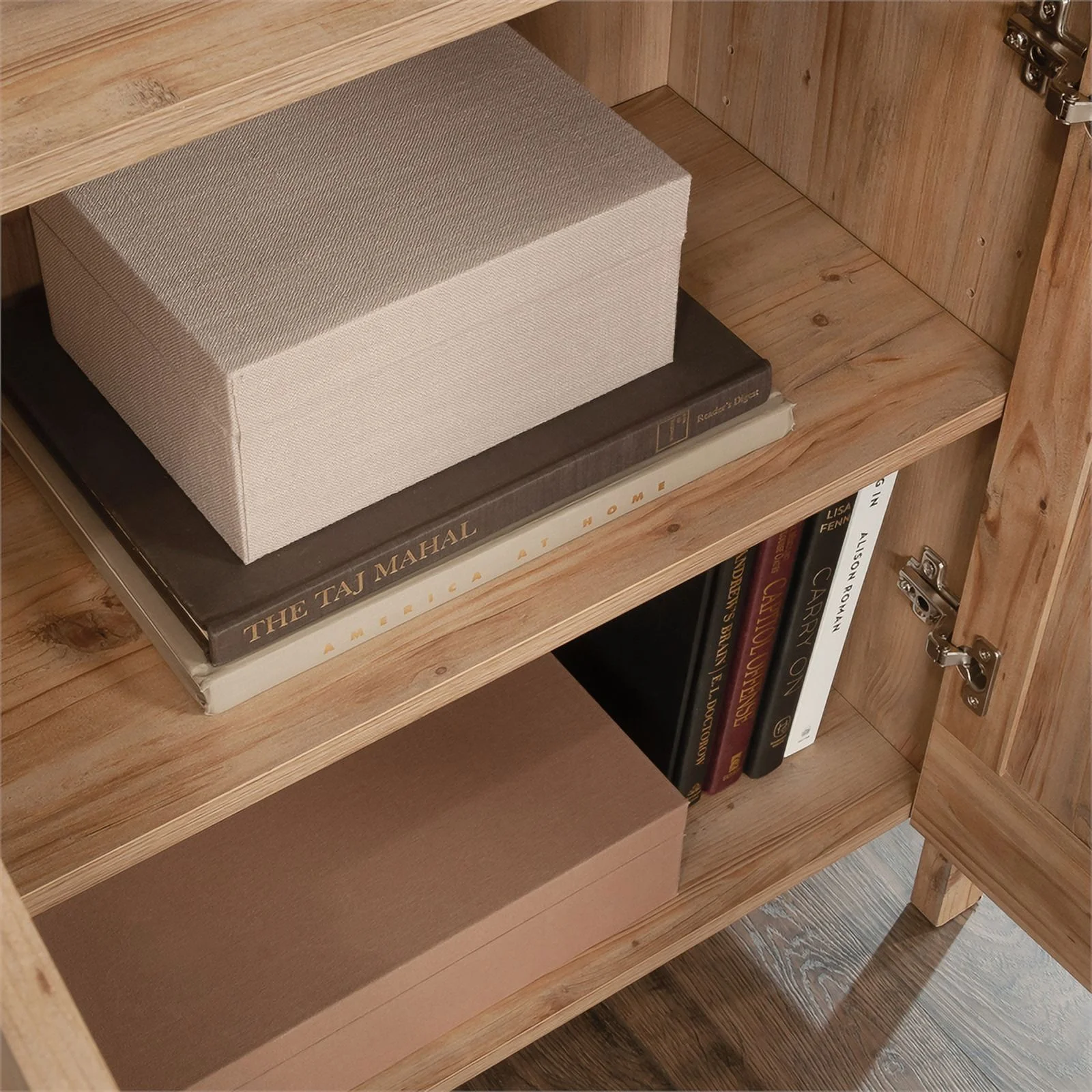 Pemberly Row Engineered Wood Bookcase with Doors in Khaki Pine Finish