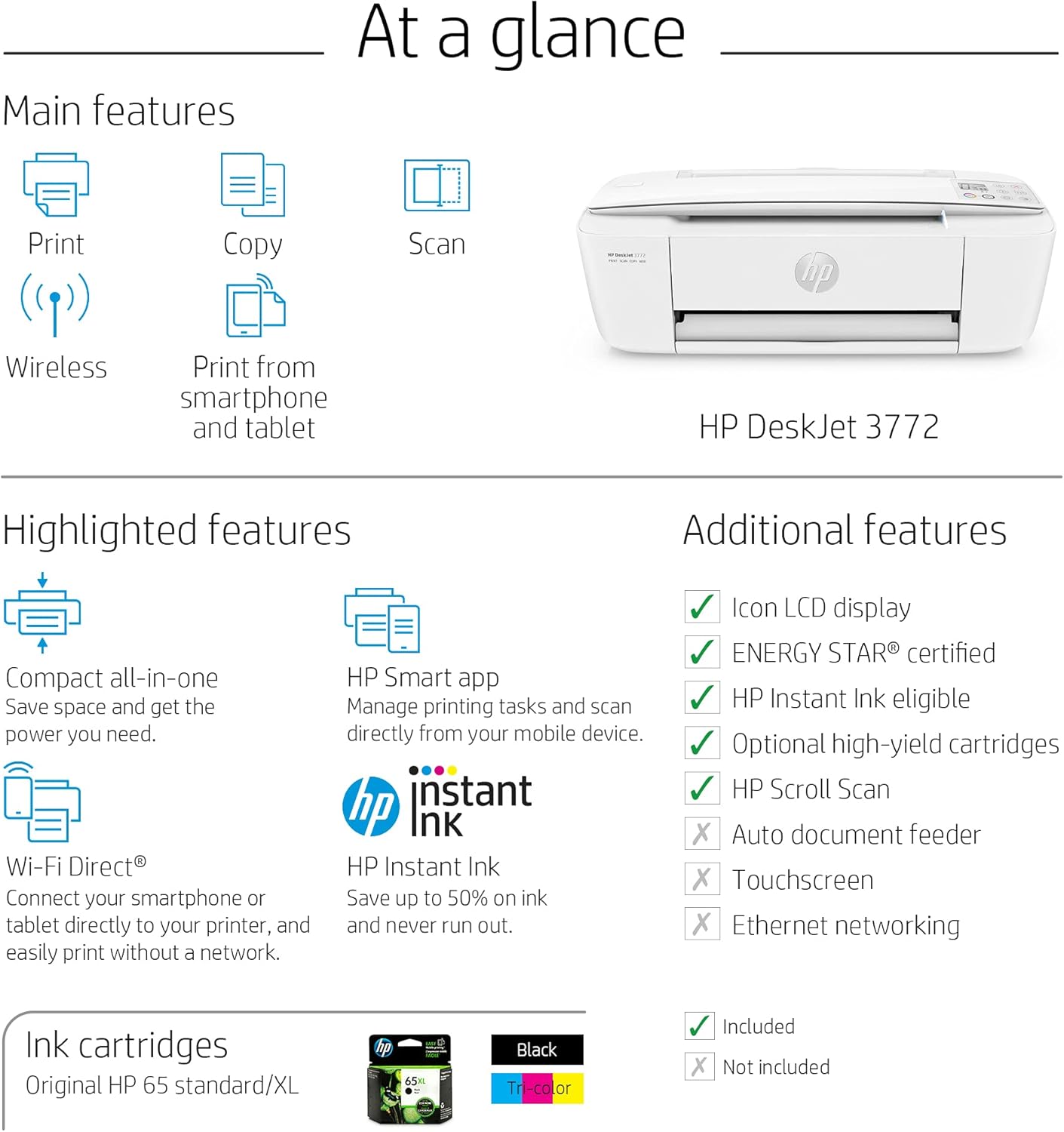 HP DeskJet 3772 All-in-One Wireless Color Inkjet Printer, Scan and Copy, Instant Ink Ready, T8W88A (Renewed)