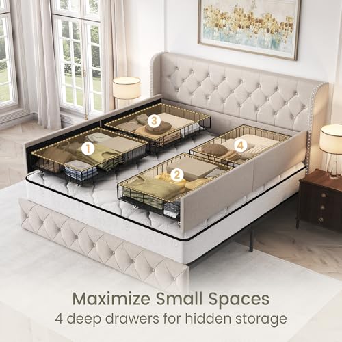 King Size Bed Frame with 4 Storage Drawers and Tufted Headboard Linen Upholstered Platform Bed Frame Wingback Beds with Wooden Slats Support