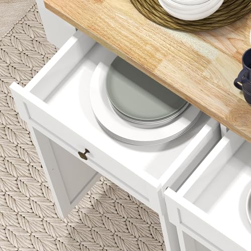 HOMCOM Kitchen Island on Wheels, Rolling Cart with Rubberwood Top, Spice Rack, Towel Rack and Drawers for Dining Room, Navy Blue