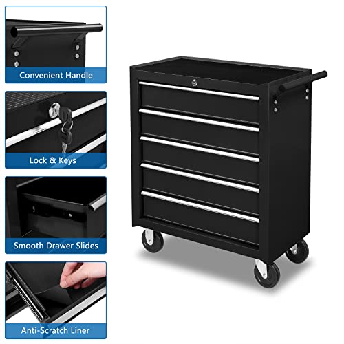 TUFFIOM 5-Drawer Rolling Tool Chest w/Drawers & Lock, Tool Storage Cabinet with Lockable Wheels, Top Cushion & Drawer Liners