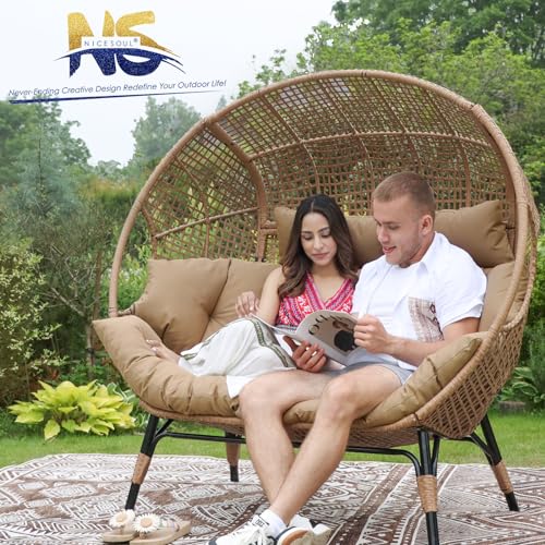 NICESOUL® Double Egg Chair Indoor Outdoor Stationary Oversized Thicken Padded Cushions, 2 Person Egg Loveseat Chair