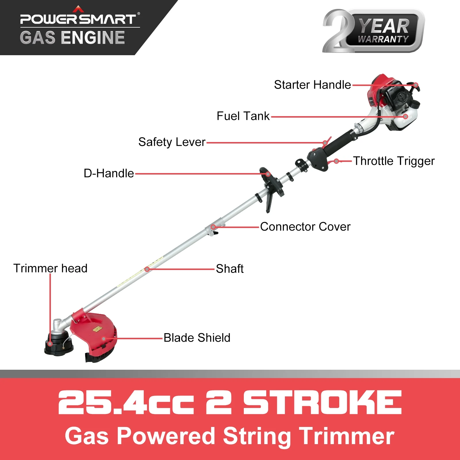 PowerSmart 2-Cycle 25.4cc 18lb Straight Shaft Gas String Trimmer Weed Wacker and Brush Cutter for Lawns and Grass