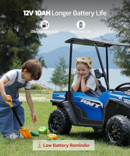 ELEMARA 24V Ride on Toy for Big Kid,Ride on Car 2 Seater w/Sun Shade,Dump Bed & Shovel,4.5MPH,4WD Electric Car for Kids,Battery Car w/Remote