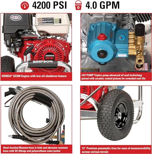 Simpson Cleaning 4200 PSI Gas Pressure Washer, 4.0 GPM Power Washer for Commercial Use, Honda GX390 Engine, 50-Foot Steel-Braided Hose