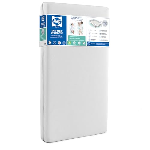 SEALY BABY OmniPedic Refresh Breathable Crib Mattress, GREENGUARD Gold Certified, Made in USA, Removable Knit Cover, 2 Stage, Toddler Bed Fit