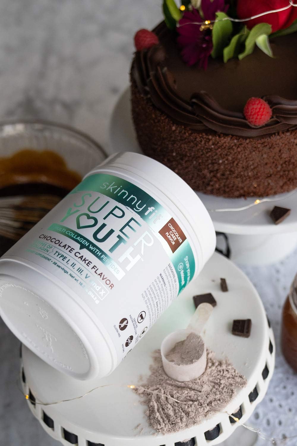SkinnyFit Super Youth Multi-Collagen Peptide Powder Chocolate Cake Flavor, Hair, Skin, Nail, & Joint Support, 58 Servings