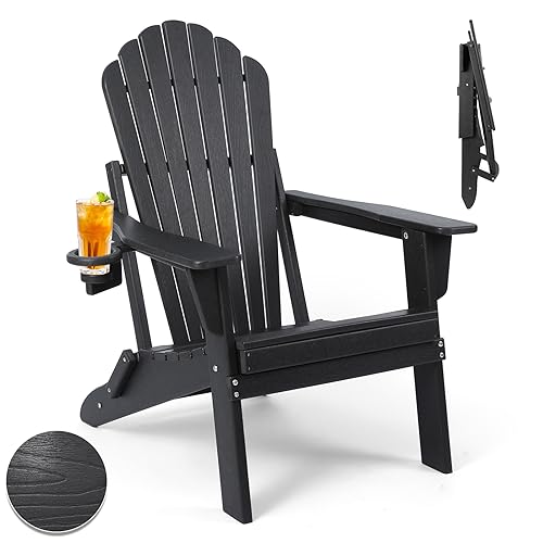 Folding Adirondack Chair,SGS Tested,Wooden Textured with Cup Holder,Widened Heavy All-Weather HDPE Comfortable Seating for Ourdoor Teak