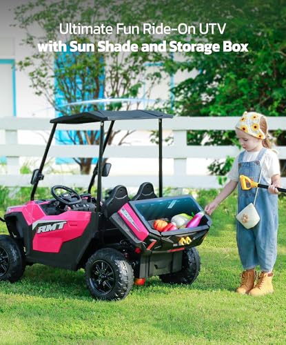 ELEMARA 24V Ride on Toy for Big Kid,Ride on Car 2 Seater w/Sun Shade,Dump Bed & Shovel,4.5MPH,4WD Electric Car for Kids,Battery Car w/Remote