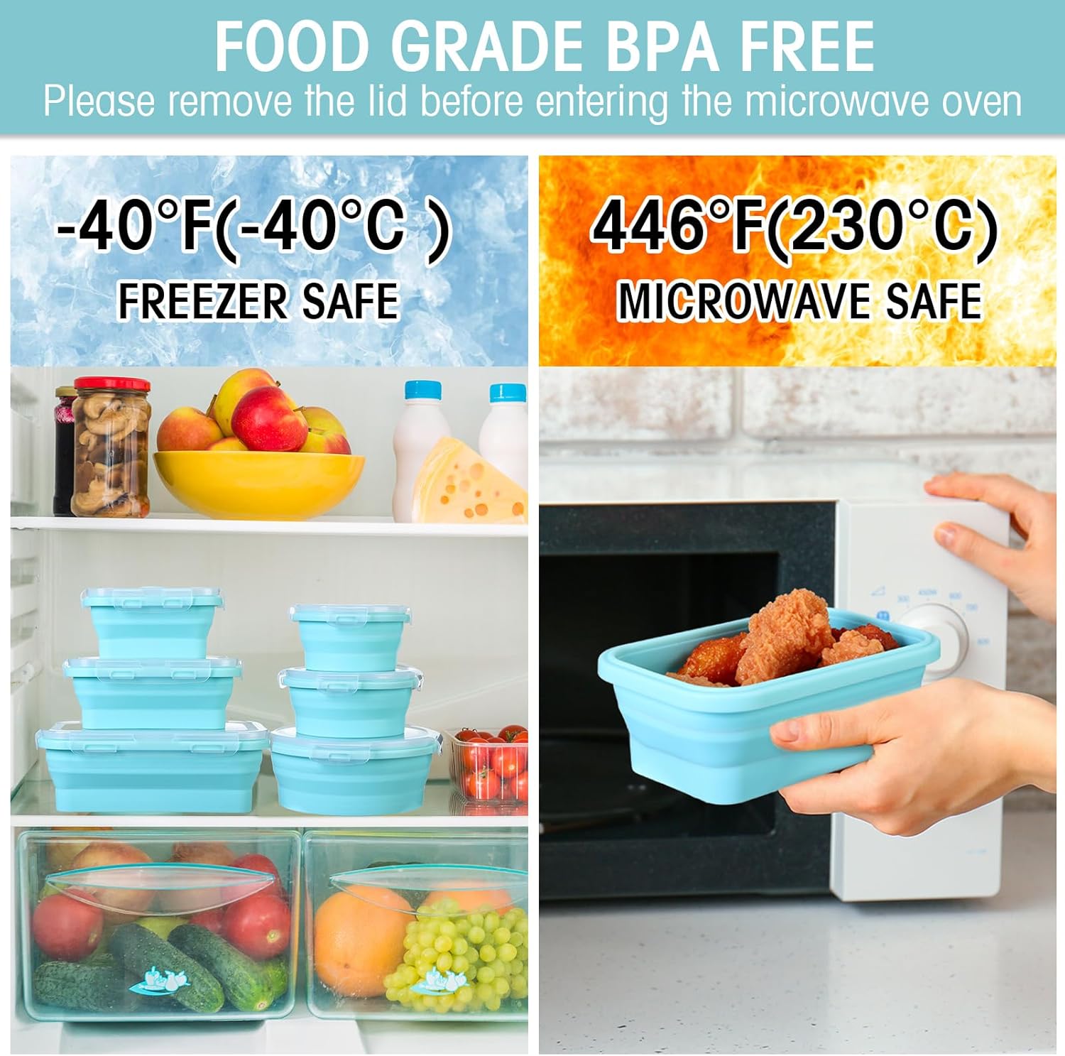 16 Pack Collapsible Food Storage Containers with Lid 8 P cs Rectangle Storage Bowl and 8 P cs Round Silicone Food Bow for Lunch Accessories Microwave