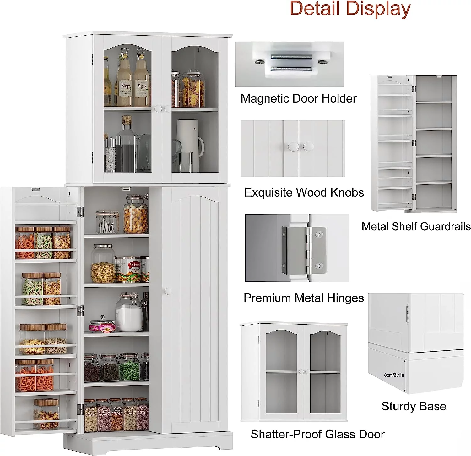HOMEFORT 64" Kitchen Pantry Cabinet, Modern Tall Cabinet with MDF board and Adjustable Shelves