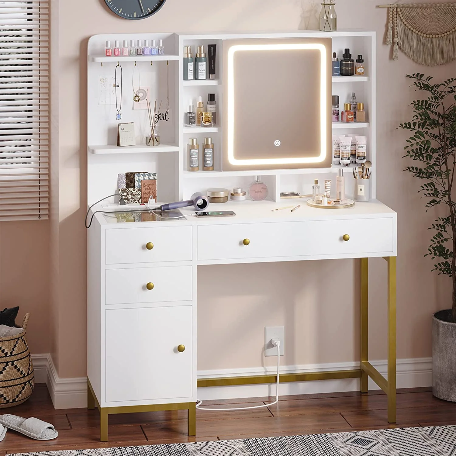 Vanity Table with Charging Station, Makeup Desk with Lights in 3 Colors, White - Radiant Selections