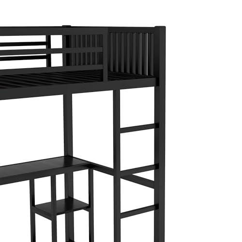 Queen Size Modern Metal Loft Bed with Wardrobe and L-Shaped Desk,Storage Cubes and Shelves,for Kids Teens Adults Bedroom Use (Black#h, Queen)