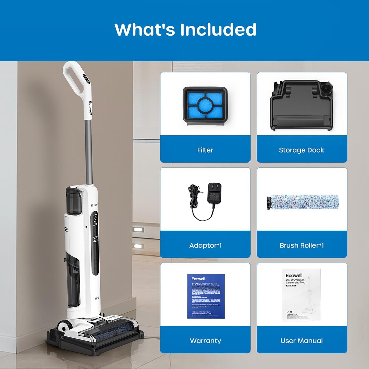 ECOWELL Cordless Wet Dry Vacuum Cleaner, Smart Vacuum, Mop, and Self-Cleaning System Combo with LCD Display, Long Runtime