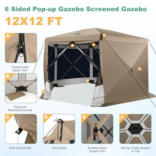COBIZI 12x12ft Pop up Gazebo Screen Tent Screen House for Camping, Camping Outdoor Screened Gazebo, Canopy Tent