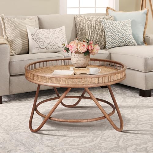 FINECASA Round Rattan Coffee Table, 32'' Wicker Boho Hand-Woven Top