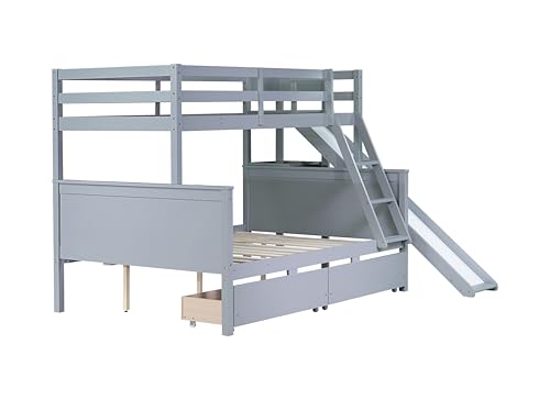 Full-Over-Full Castle Style Bunk Bed with 2 Drawers and 3 Shelves, Wood Bunk Bed Frame with Slide and Storage Staircase for Kids Teens Boys Girls