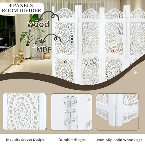 Lightnpro Wooden Room Divider - Handmade Foldable Partition Screen with Intricate Oval Carved Design Hinged