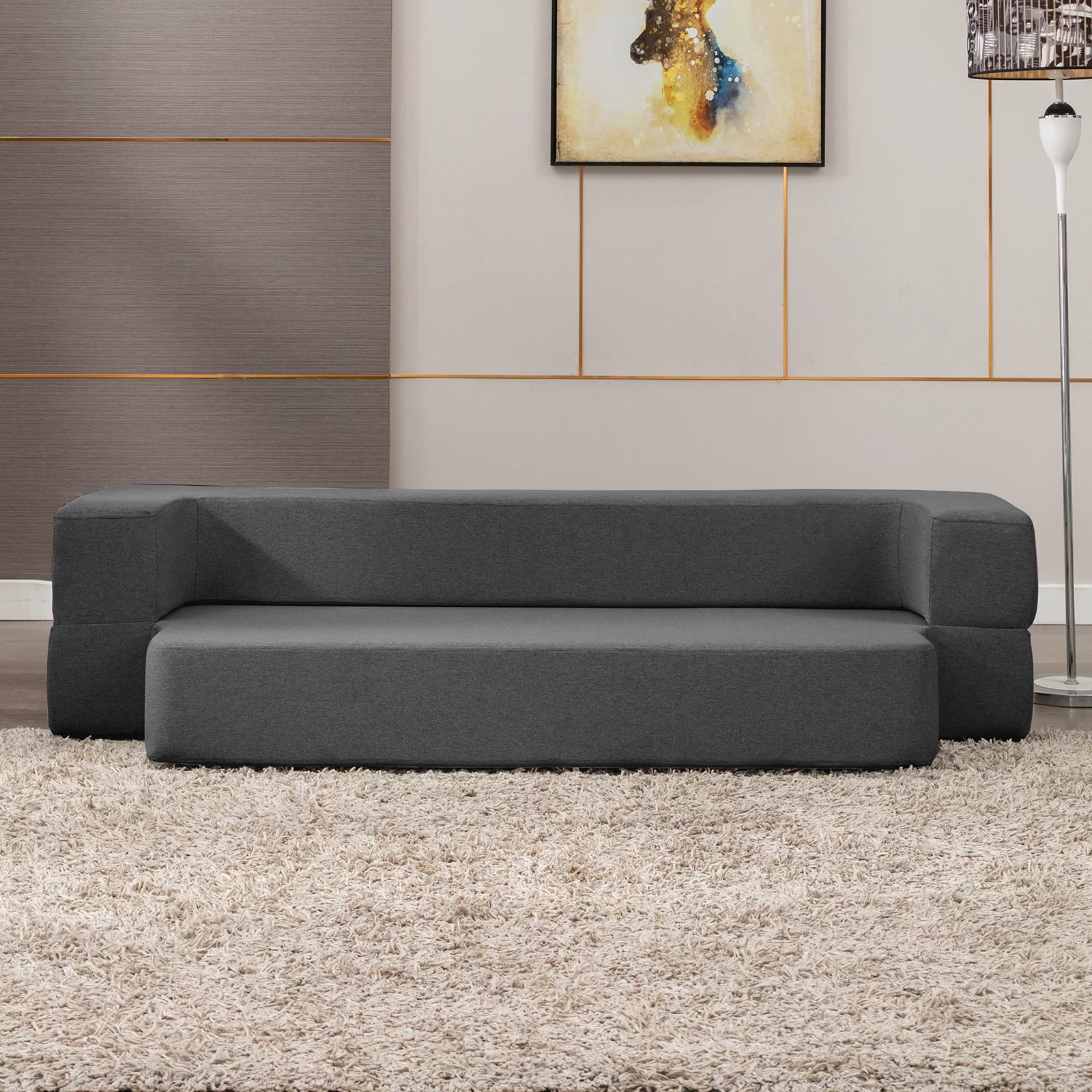 Mjkone Folding Queen Size Sleeper Sofa Bed,Convertible Couch Bed,Floor Foam Mattress, Linen Fabric