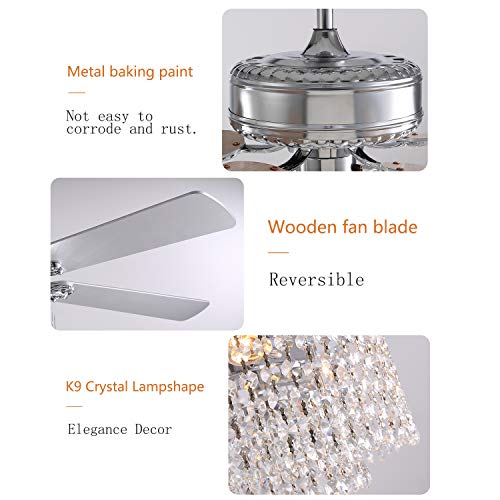 Moooni 52 Inch Modern Reversible Chandelier Fan with Lights and Remote, Elegant Crystal Fandelier Ceiling Light KIt for Bedroom Dining Room Silver