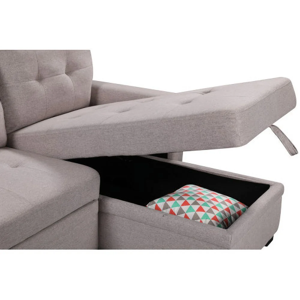 Light Gray Reversible Sleeper Sectional Sofa with Storage Chaise, USB Charging Ports and Pocket