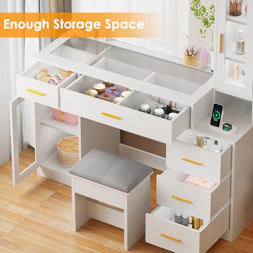 BEWISHOME 49.2" Large Vanity Desk with Mirror and Lights,White Makeup Vanity Table with Glass Top,Stool,Makeup Desk with Power Outlet,Drawers,Cabinet