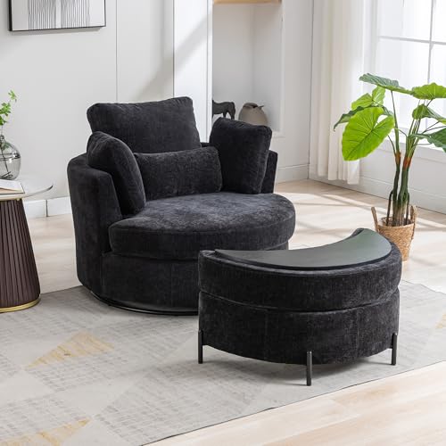 Aoiy & Wifon 42.2" W Oversized Swivel Barrel Chair with Ottoman, Upholstered Round Accent Chair with Storage Ottoman, Chenille, Beige