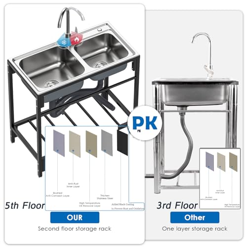 Outdoor Utility Sink Stainless Steel Double Bowl Sink Free Standing Commercial Restaurant Kitchen Sink with Hot and Cold Faucet for Laundry,Garage