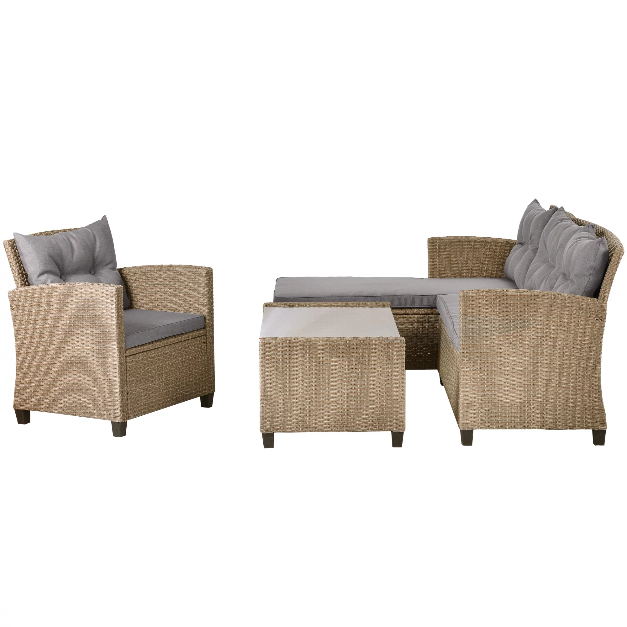 4 Piece Patio Sectional Sofa Set, Outdoor Conversation Set, All-Weather Wicker Sectional Seating Group with Cushions & Coffee Table