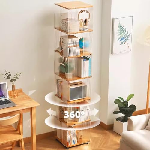 5/6 Tier Rolling Bookcase, Bamboo 360° Rotating Bookshelf Tower, Revolving Bookcase Stackable Bookshelf Organizer