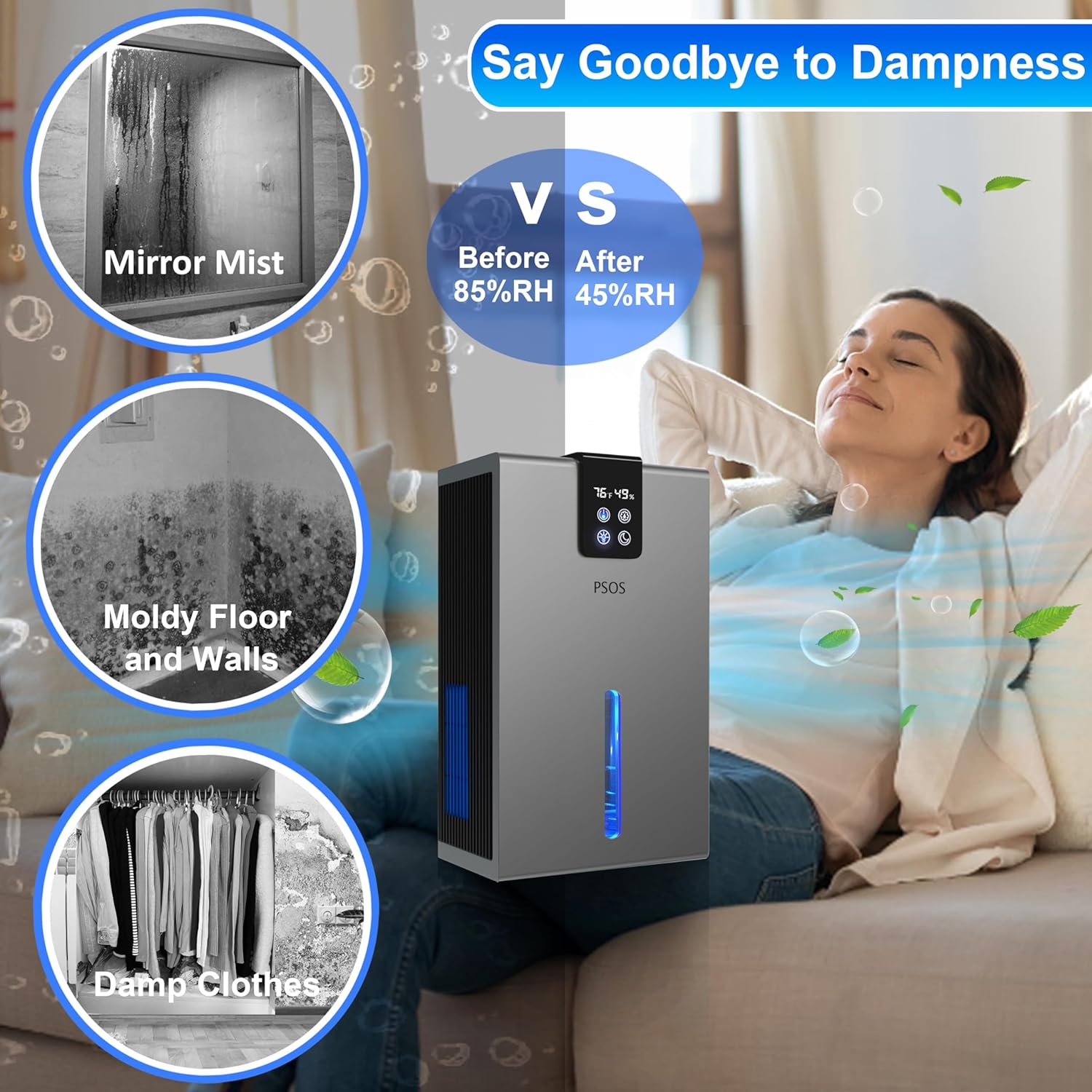 PSOS Dehumidifier, 99 oz Dehumidifiers for Basement, Quiet Small Dehumidifiers for Bedroom with Auto Shut Off