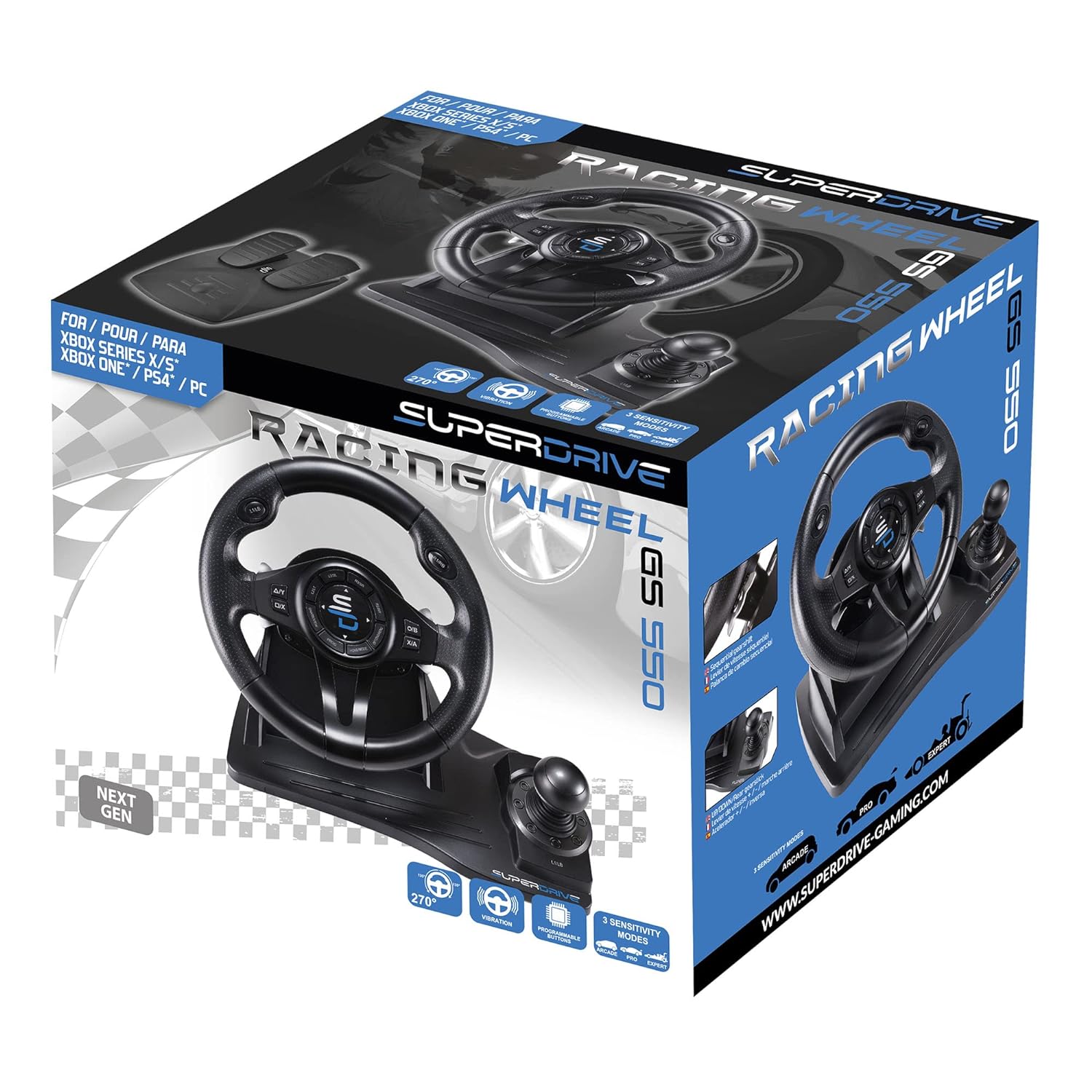 Superdrive - GS550 steering racing wheel with pedals, paddles, shifter and vibration (Compatible with Xbox Series X/S, Xbox One, PS4, PS3, Switch, PC)