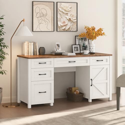 Farmhouse 61'' Executive Desk with 5 Drawers, Rustic Office Desk Computer Desk with Charging Station, File Drawers and Storage Cabinet