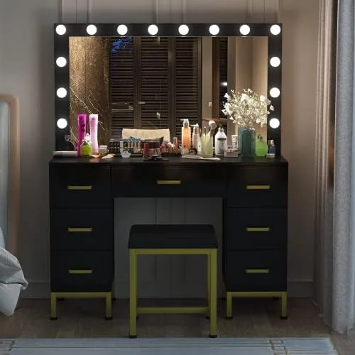 RUNFAYBIU Vanity Set with Lighted Mirror  44''  Vanity Dressing Table with 14PCS LED Bulbs  Vanity Desk with Cushioned Stool &amp
