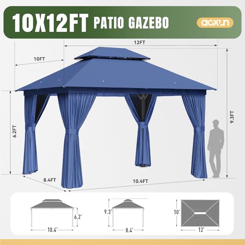 AOXUN Outdoor Gazebo for Patio 10x12, Metal Frame Canopy with Double Roofs