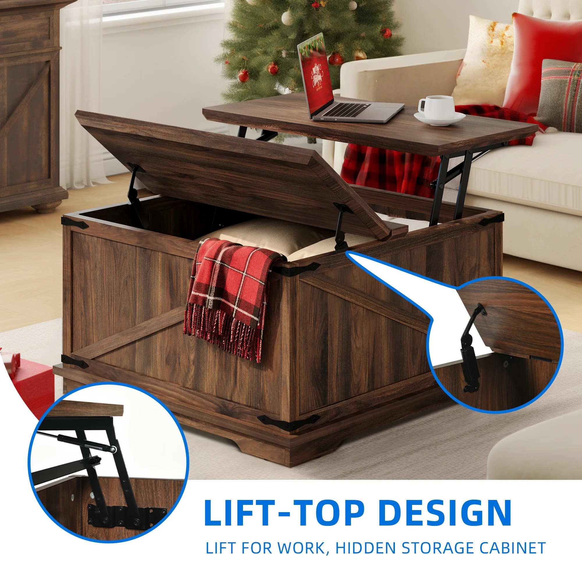 Dextrus Farmhouse Square Lift Top Coffee Table with Storage, Wood Center Table for Living Room, Walnut - Curated Treasures Market